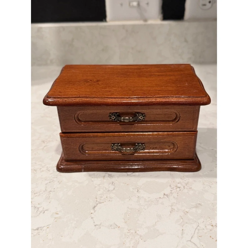 Small Wooden Jewelry Box with Drawer and Ring Inserts Warm Brown Finish Vintage